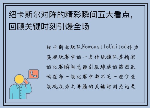 纽卡斯尔对阵的精彩瞬间五大看点，回顾关键时刻引爆全场