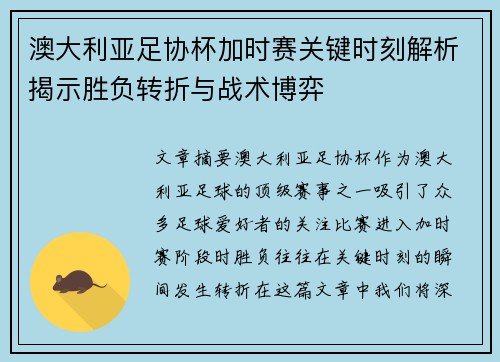 澳大利亚足协杯加时赛关键时刻解析揭示胜负转折与战术博弈