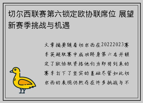 切尔西联赛第六锁定欧协联席位 展望新赛季挑战与机遇