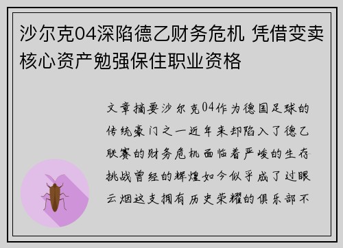 沙尔克04深陷德乙财务危机 凭借变卖核心资产勉强保住职业资格